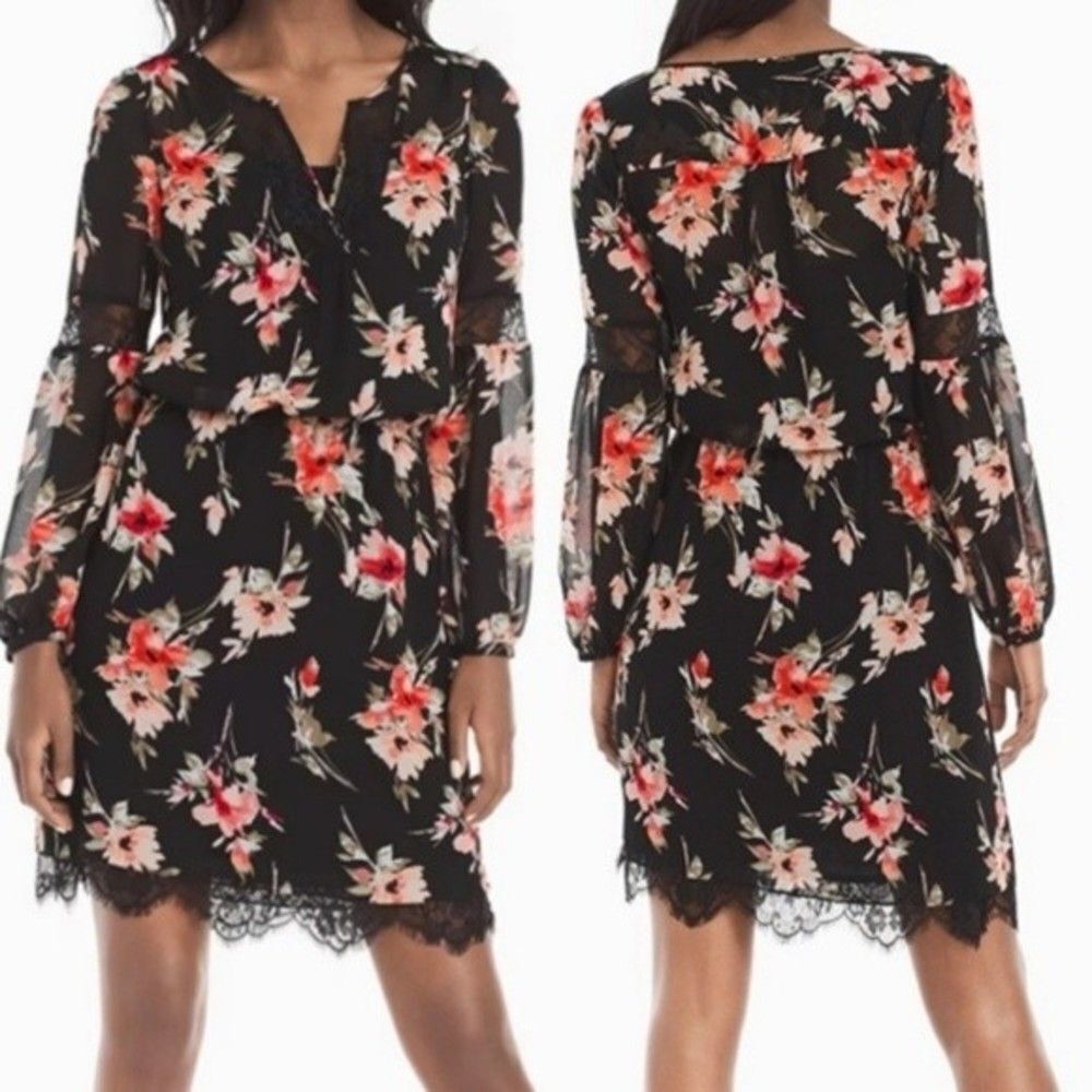 Long Sleeve Lace Inset Floral Print Dress By White House Black Market